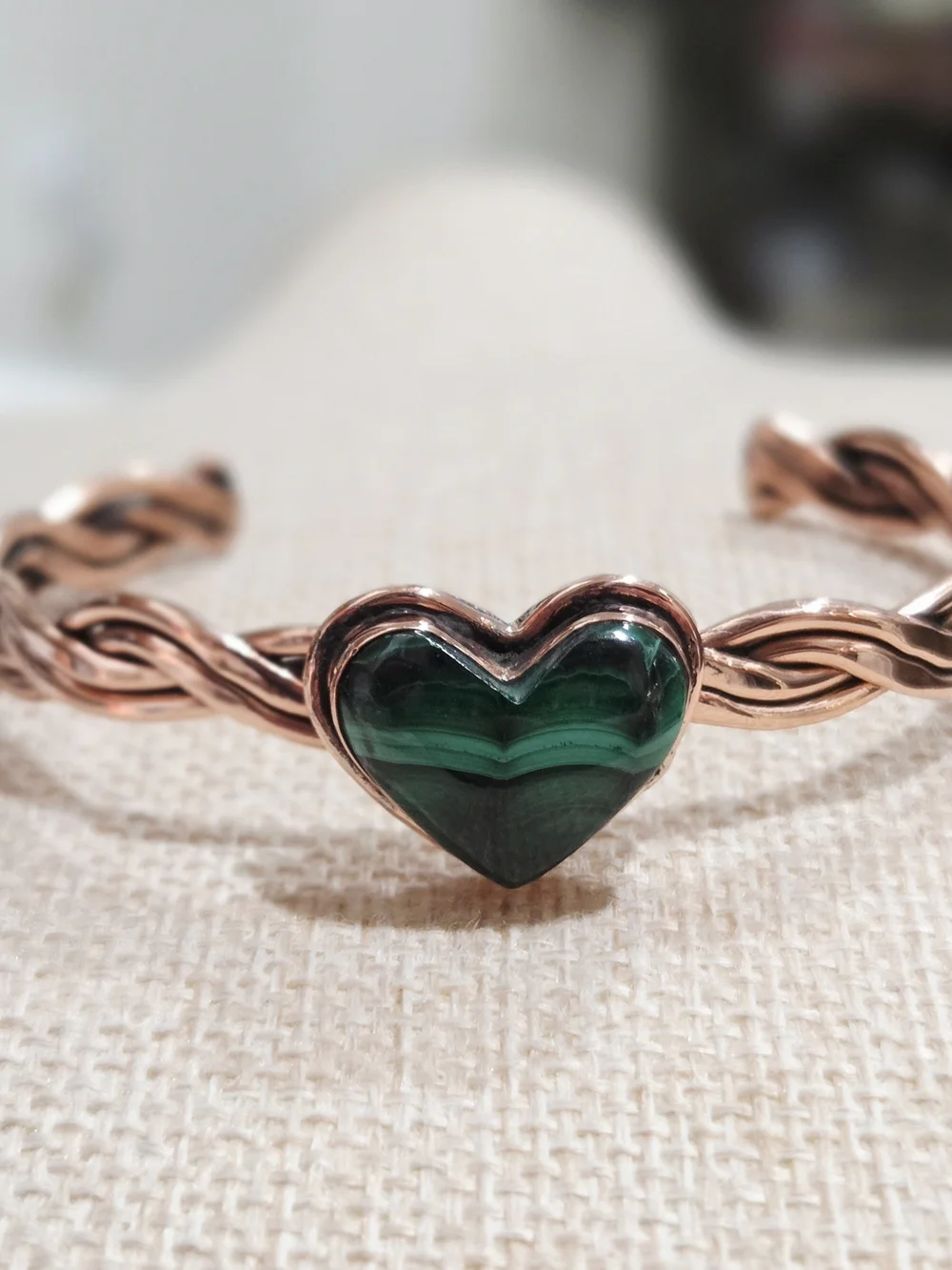 Solid Copper Stone Genuine Malachite Heart Bracelet - - Picture 3 of 5